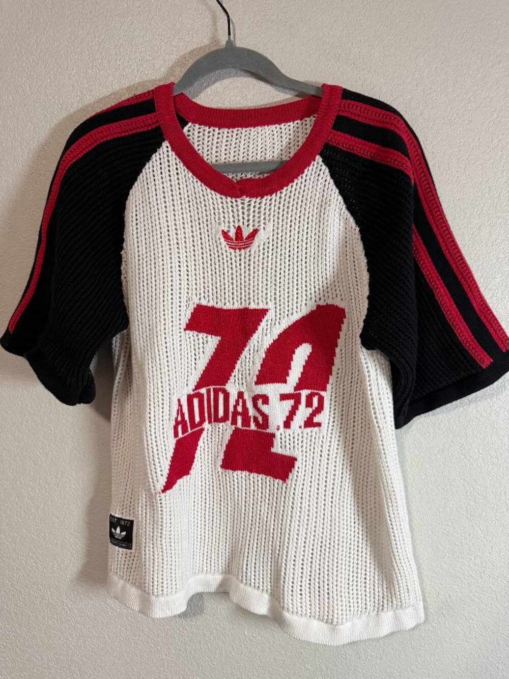Men's Adidas 72 Vintage Open Knit Short Sleeve Jersey Top White Black Red